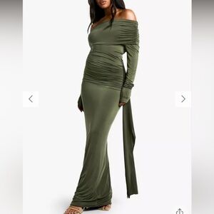 ASYMMETRIC RUCHED LONG SLEEVE MAXI DRESS
